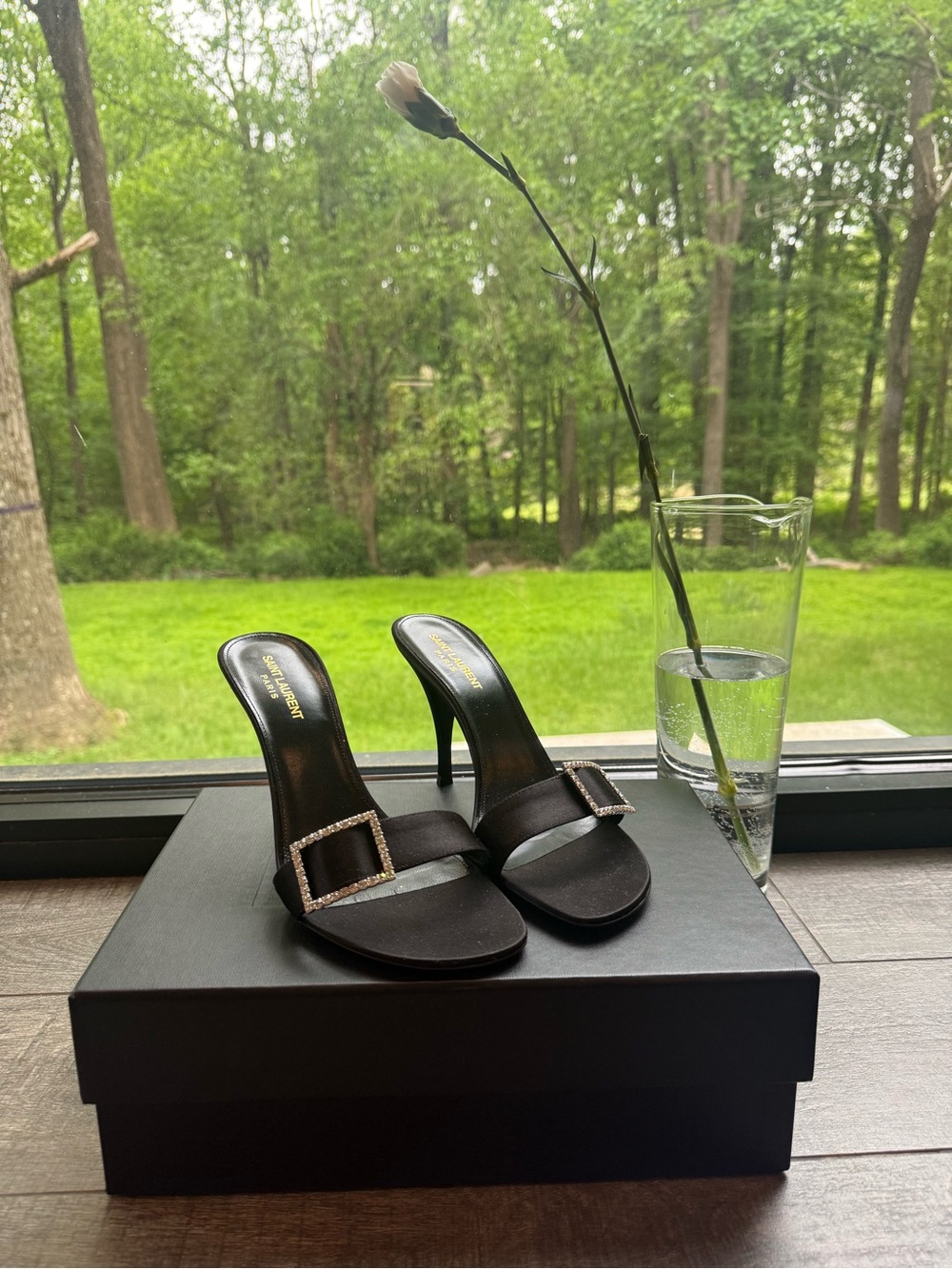 Saint Laurent Black Satin Crystal-Buckle Heeled Mules
